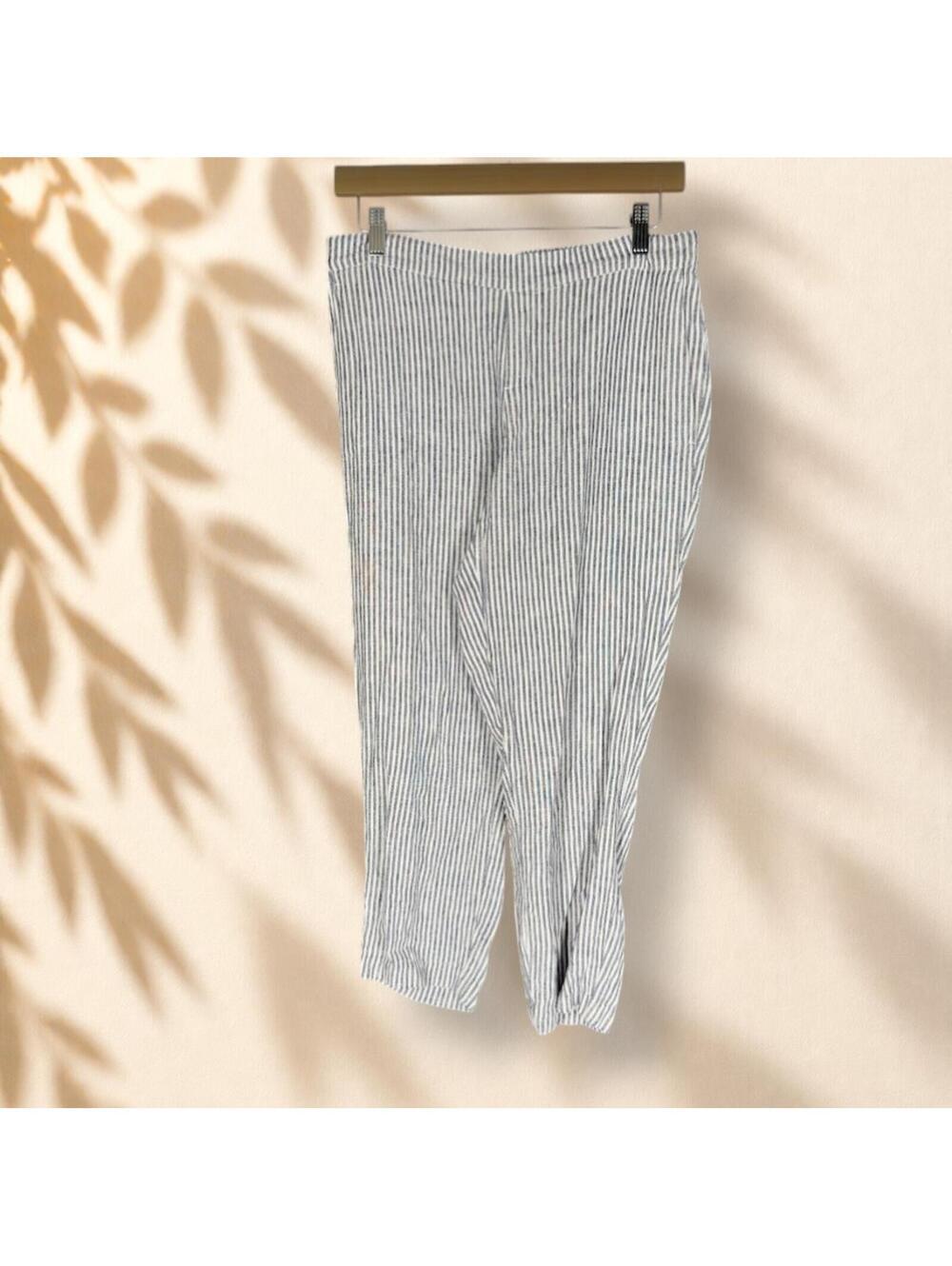 Old Navy Pants Women 4 Gray Striped Mid Rise Flat Front Linen Pull On Straight
